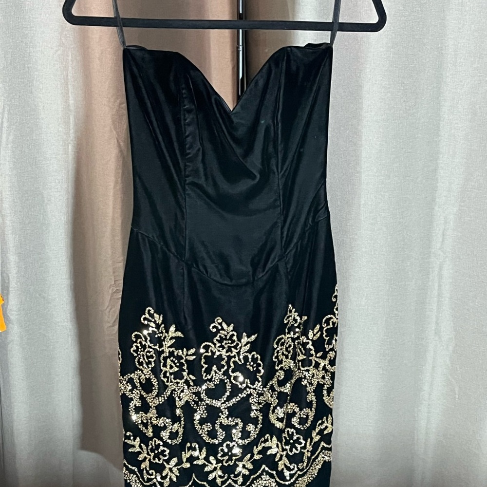Jessica McClintock Elegant Velvet Black and Gold Strapless Dress Vintage